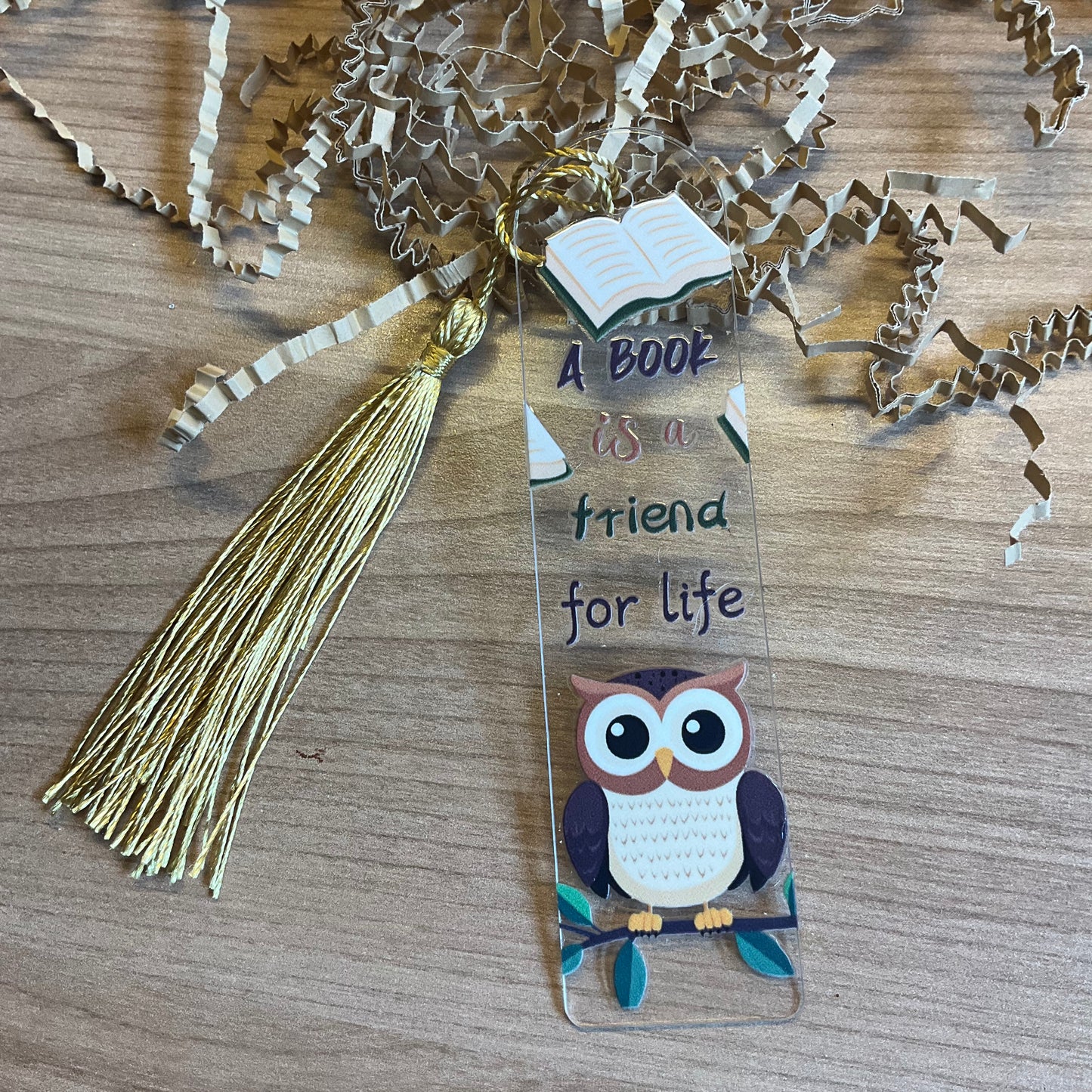 Acryl boekenlegger ‘A book is a friend for life’